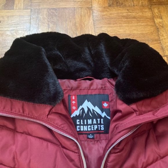 NWT Climate Concepts Puffer Winter Jacket in in Burgundy with Faux Fur, Size Med - Picture 5 of 9